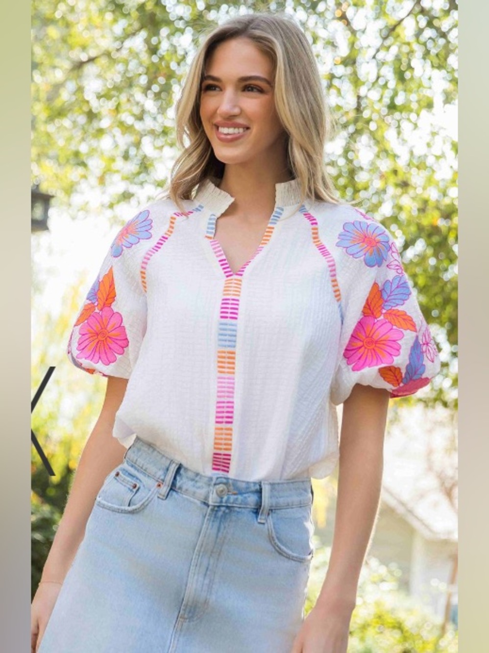 THML Floral Embroidered Puff Sleeves Ruffle Neck Texture Popover Top Size Small - Picture 2 of 8